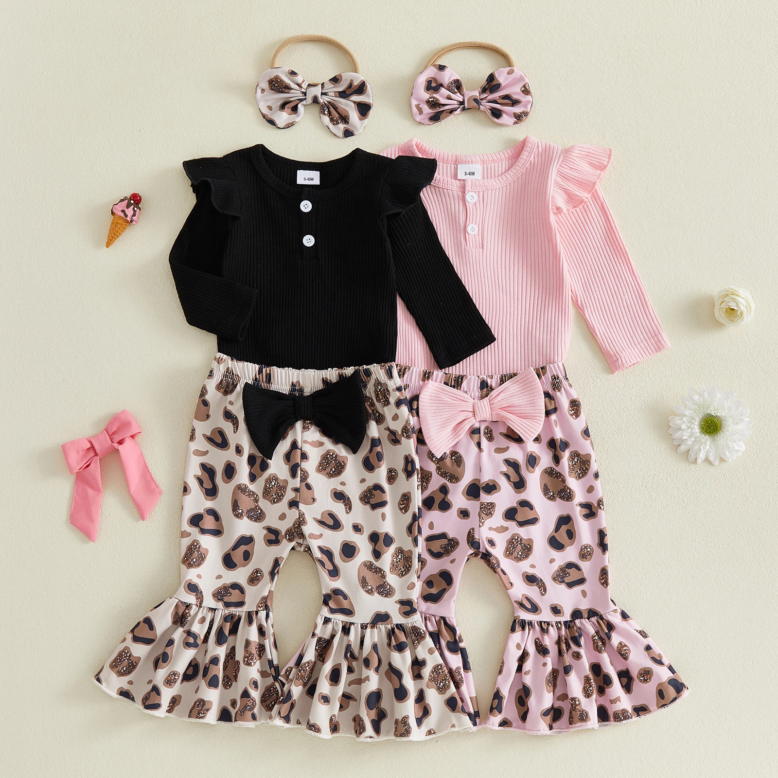 Baby Girl Fall Outfits Ruffle Long Sleeve Romper + Leopard Pants + Headband