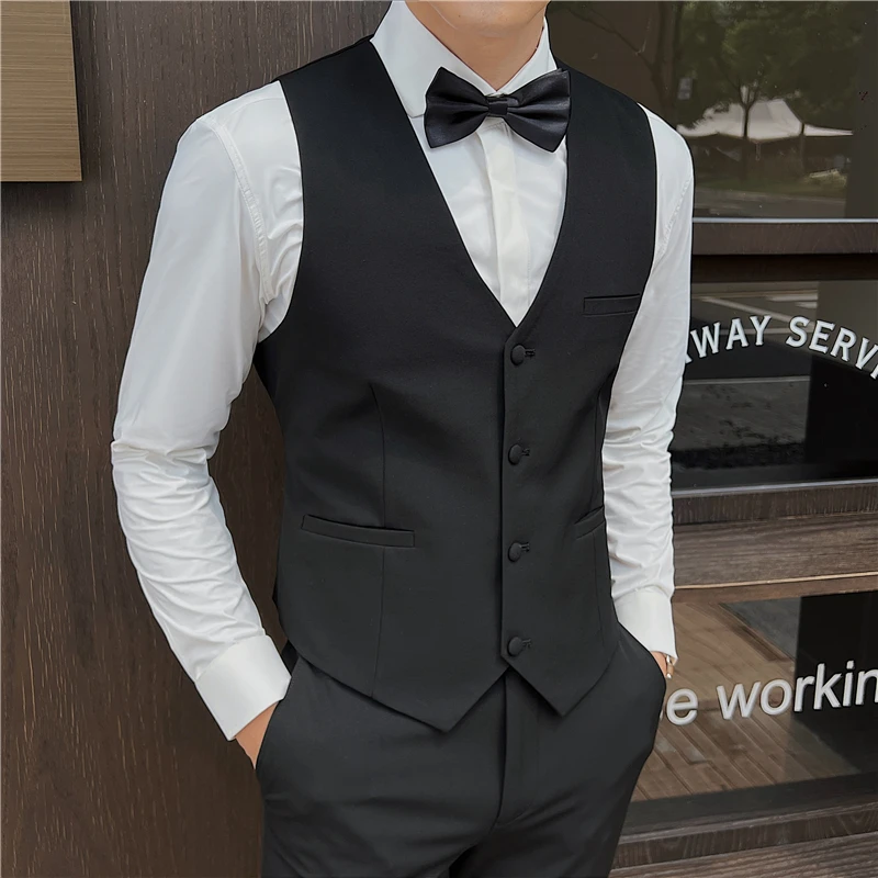 4XL Fashion Men Vests Waistcoat Solid Color V Neck Sleeveless Buttons Blazer Plus Size Formal Business Jacket Vests