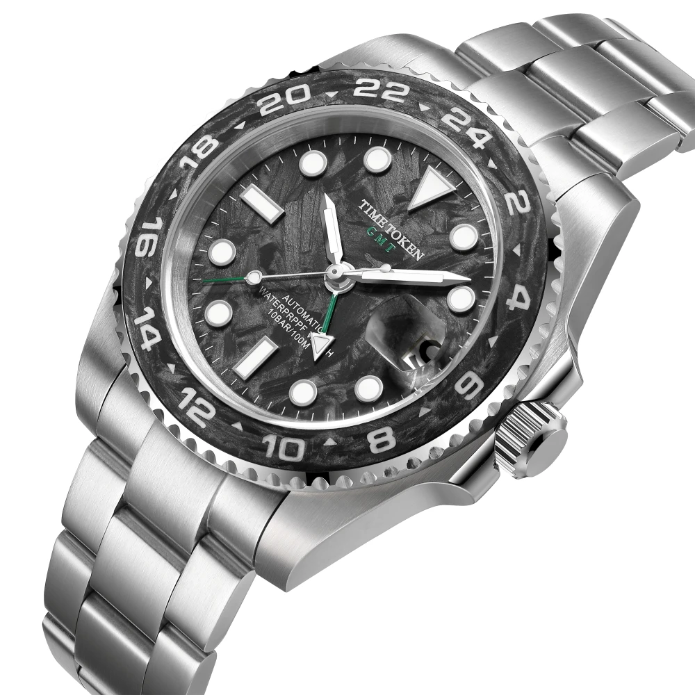 TIME TOKEN 2025 40mm Mens Carbon Fiber Automatic Watch Luxury Diver 100m Water Resistant Luxury Watch