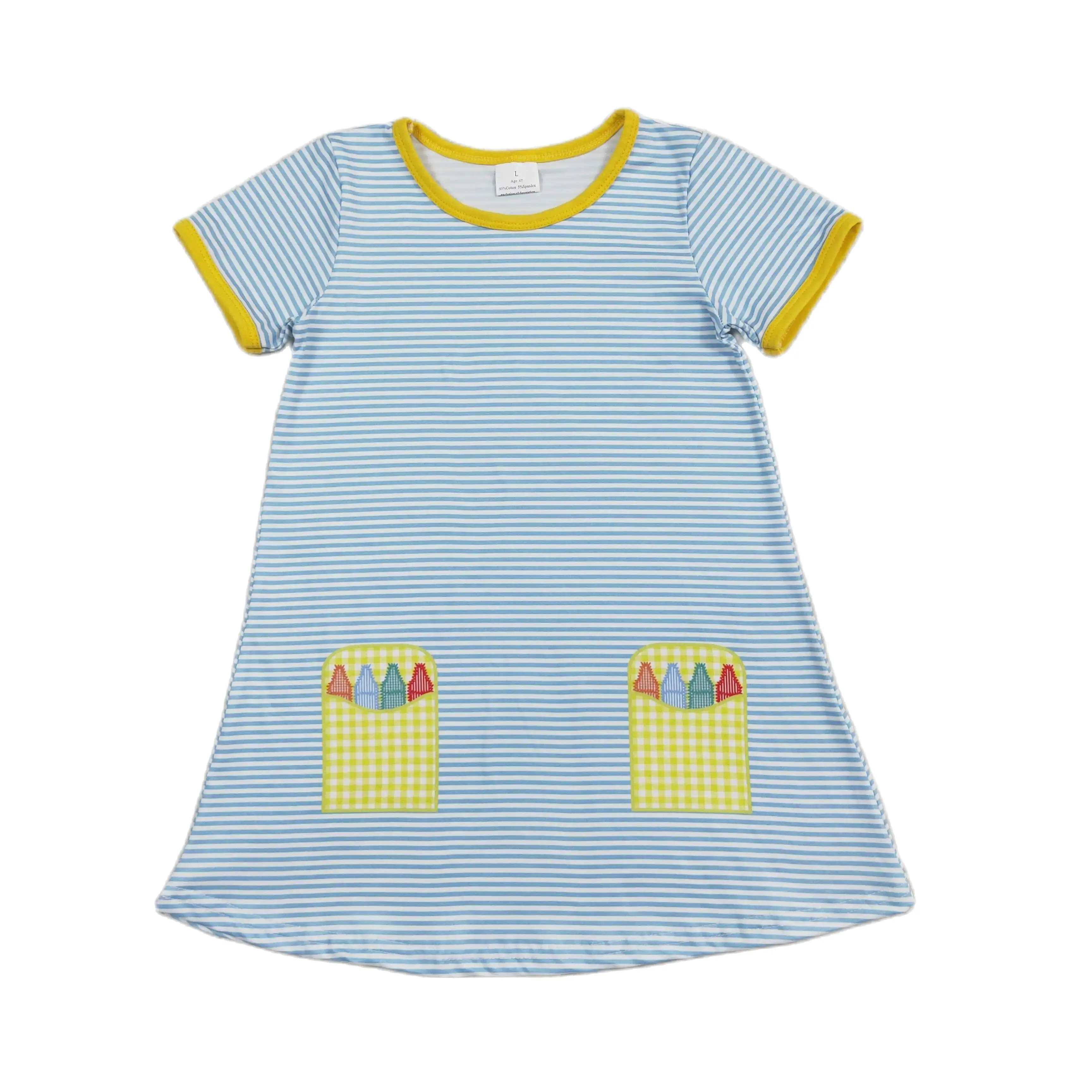 

Wholesale Baby Girl Summer Short Sleeves Dress Boutique Blue Clothes Kids Children Toddler Back To School Knee Length One Piece