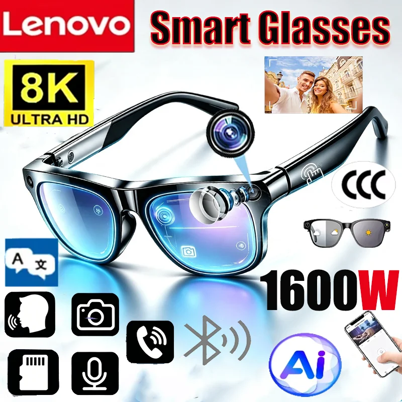 Lunettes intelligentes sans fil Lenovo 8K AI 1600MP, lunettes de soleil Bluetooth, télécommande, enregistrement tactile, traducteur, assistant vocal