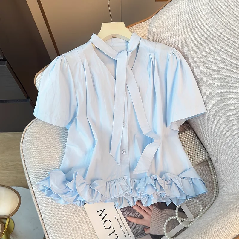 النساء بلايز الخامس الرقبة التعادل قصيرة الأكمام تقسم كشكش قمصان المرأة الصيف الحلو عادية واحدة الصدر الصلبة البلوزات Blusa
