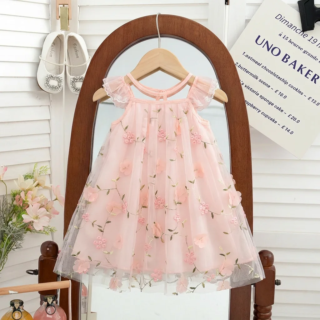 Summer New Pink Birthday Party Wearing Girls 2-6 Years Old Mesh Flying Sleeves Flower Embroidered Princess Dress