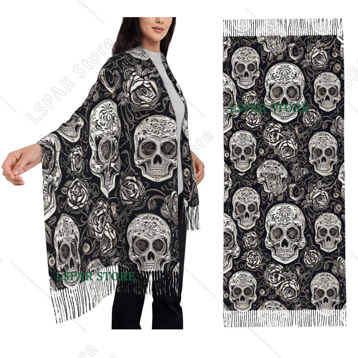 Copy Of Sugar Skull Day Of The Dead Neon Sugar Skull Scarf Tassel Scarves for Women Shawls and Wraps Long Fall Winter Shawl Wrap