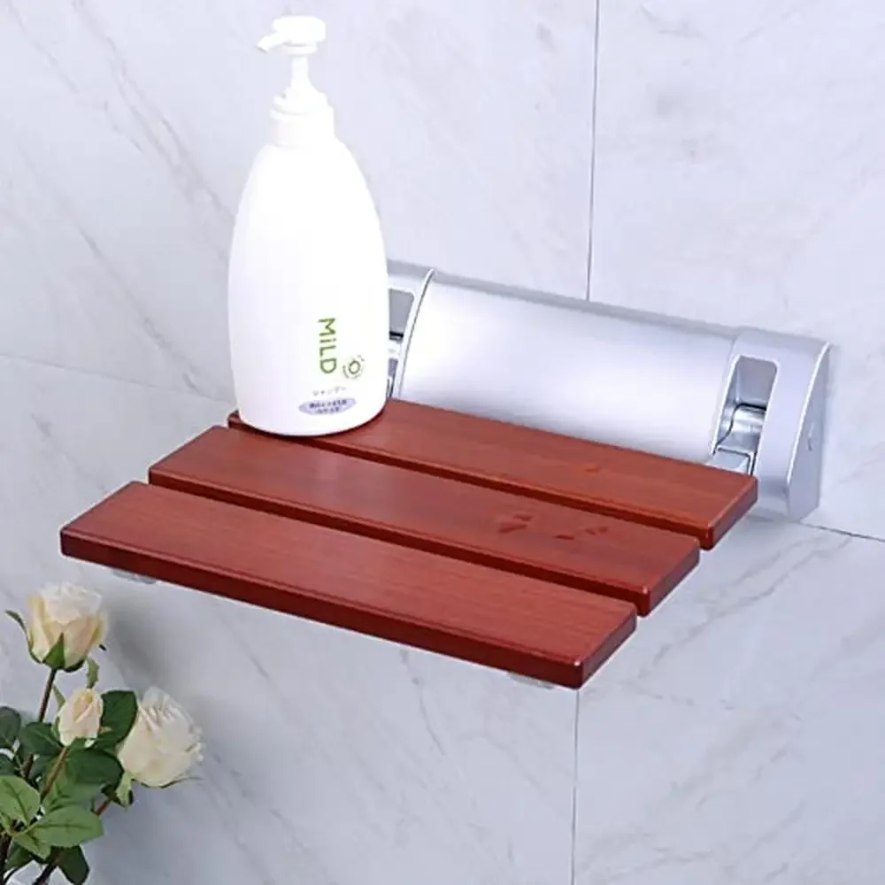 Folding Shower Seat Red Sandalwood Water-Repellent Lacquer Bathroom Bench Wall Mounted Stool 90° Foldable High-End Furniture