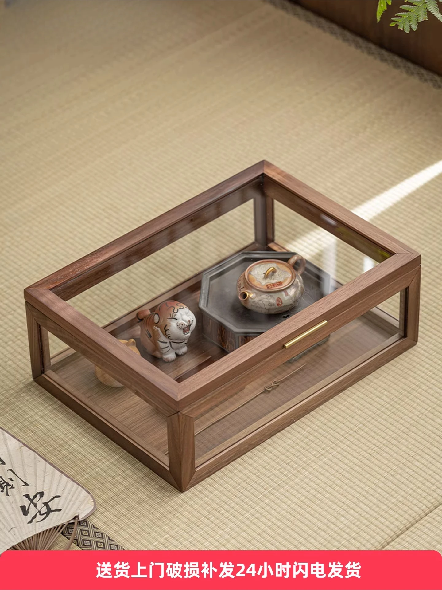 Black walnut teapot storage cabinet, desktop glass dust-proof display cabinet, tea set, cup set, Wenwan solid wood display