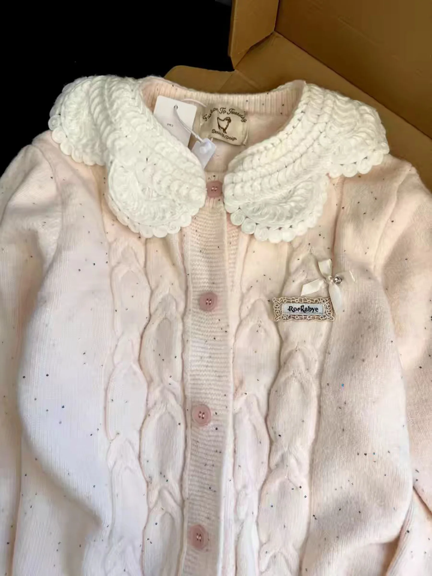 Sweet Lace Trim Splice Doll Collar Twist Knit Sweater Women Gentle Atmosphere Sense Versatile Anti-Aging Open Cardigan