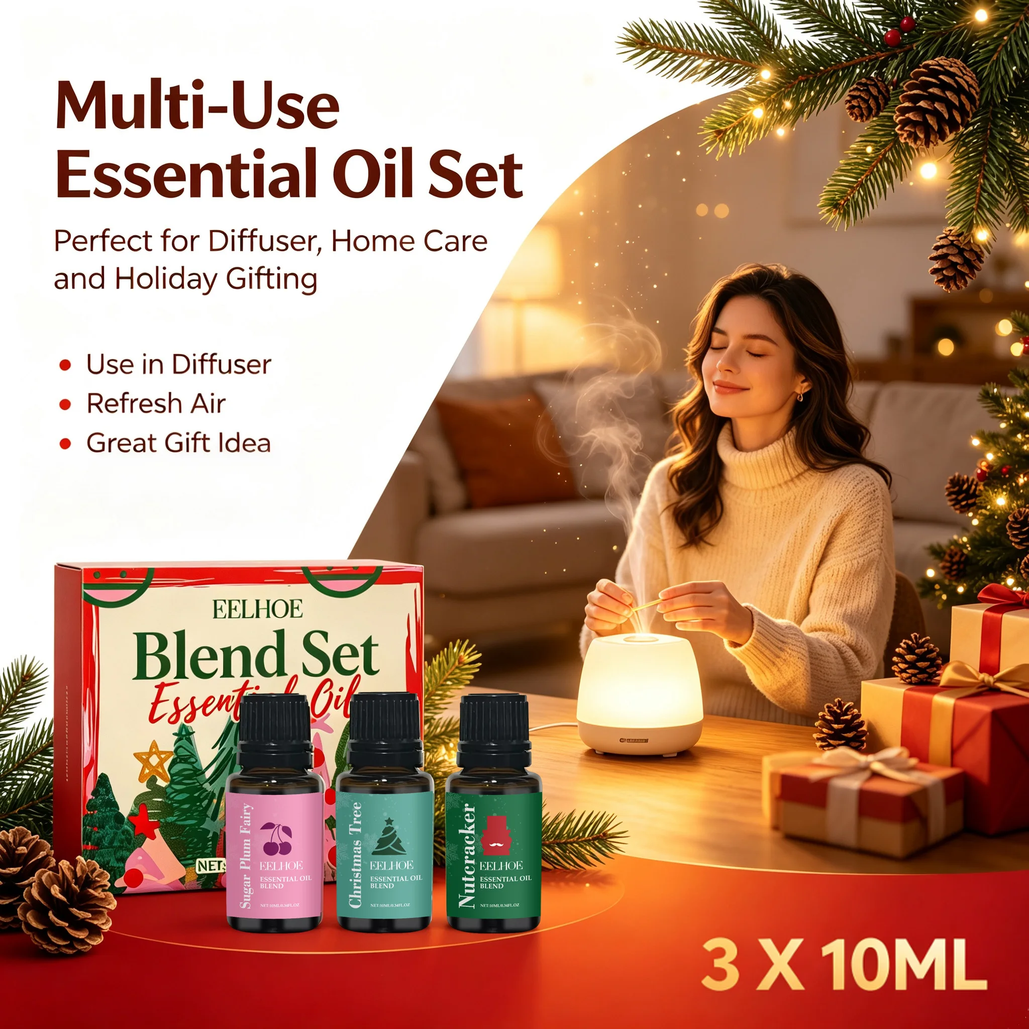 3Pcs Christmas Fragrance Oils Set for Aromatherapy Diffuser & Skin Care Soap Candle Making Christmas Gift Scent Relaxing Hydrat