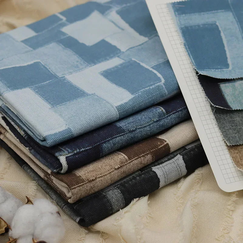 Twill Printed Patchwork Denim Fabric Cotton Thick By The Meter for Clothes Jackets Shirts Coat DIY Sewing Jeans Cloth Blue Gray