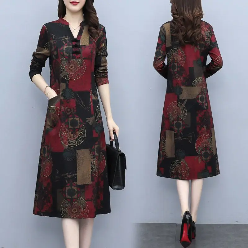 Moda donna Vintage pullover Midi Dress autunno moda abiti pullover manica lunga 2024 nuovo stile cinese abbigliamento donna