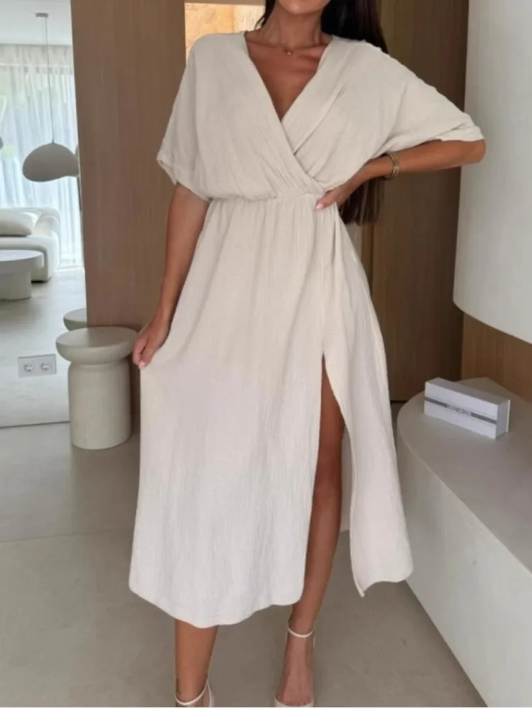 

Fashion Solid Loose Dress For Women Casual V Neck Short Sleeve High Waist Dresses Robe Femme Elegant Office Womens Clothing New