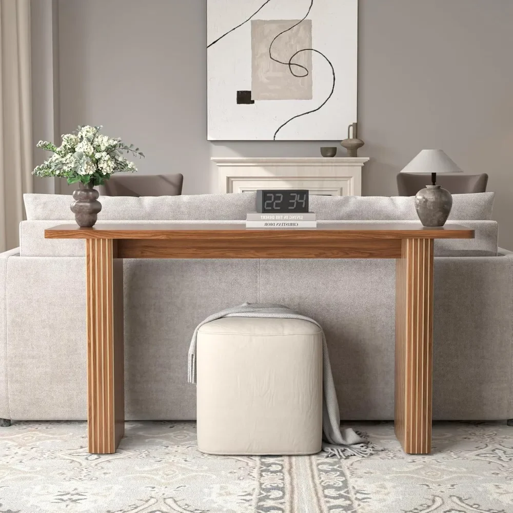Geriffelter langer Konsolentisch 60 Zoll, Sofatisch aus Holz hinter der Couch, moderner schmaler Eingangstisch aus der Mitte des Jahrhunderts