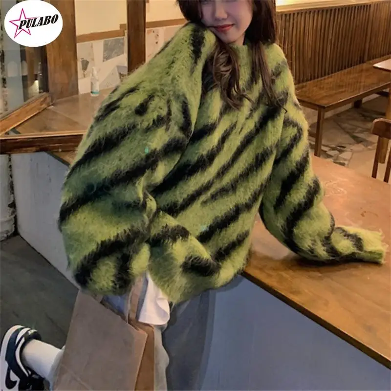 PULABO Green Stripe Crochet Knitted Cardigan Sweater Women Oversize Cardigan Coat 2024 Autumn Fashion Lady Streetwear