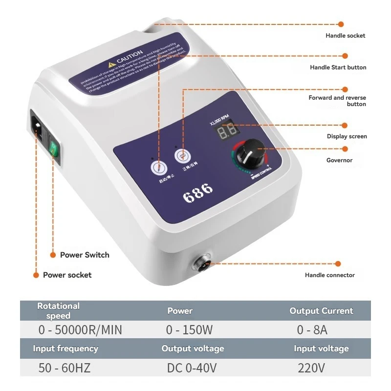 Small brushless grinding machine, Model 686 dental engraving machine, suitable for jade carving, wood carving, and nut carving.