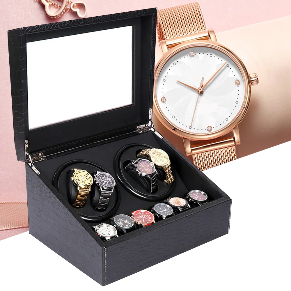 

Luxury Automatic Watch Winder 2 Motor Rotating Box PU Leather Display Case Storage 4+6 pieces