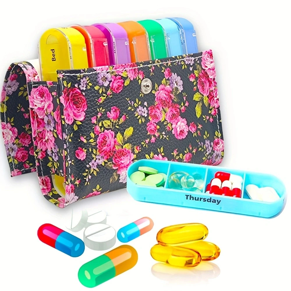 

Еженедельный органайзер для таблеток на 7 дней с водонепроницаемыми секретными отделениями, контейнер для лекарств с цветочным узором