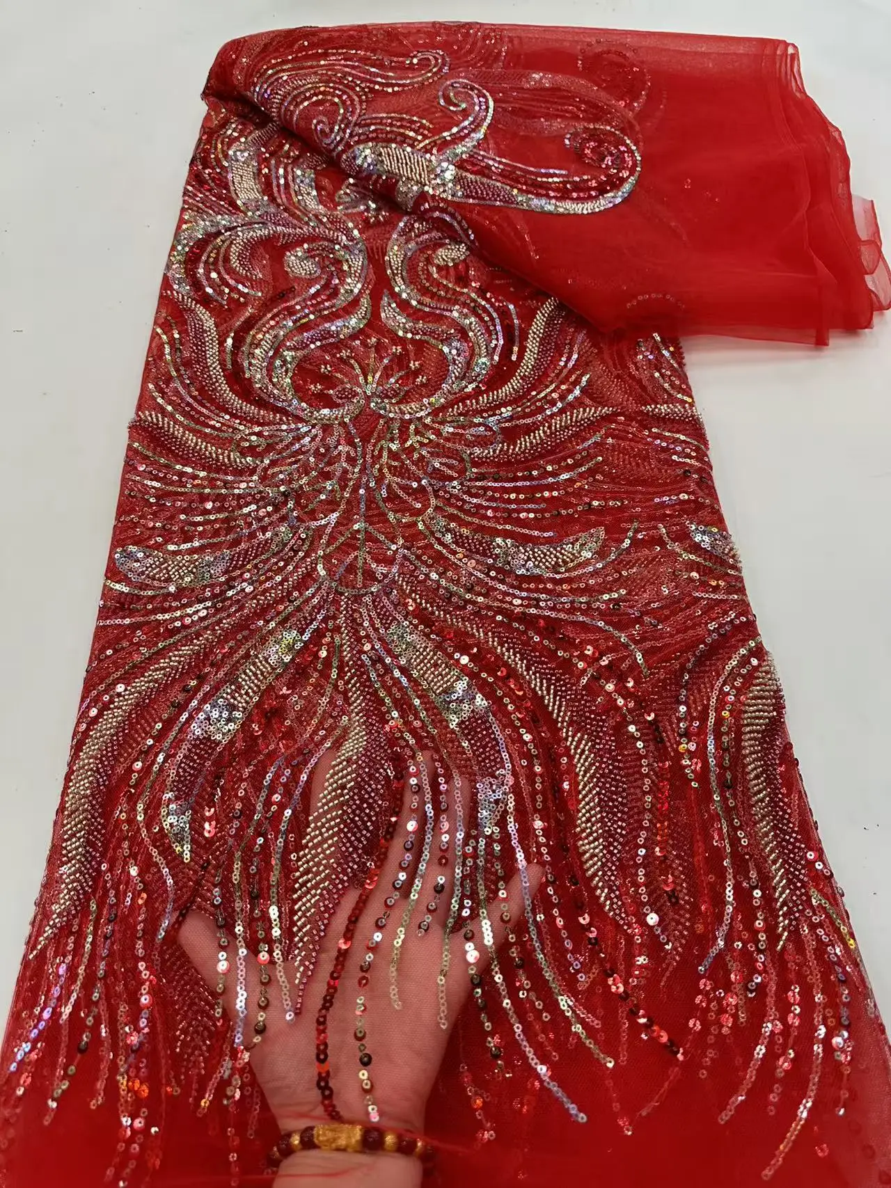 

African Lace Fabric 5 Yards High Quality 2025 Beaded French Lace Fabrics Red Sequins Fabric For Clothes Evening Dresses Hm122-1