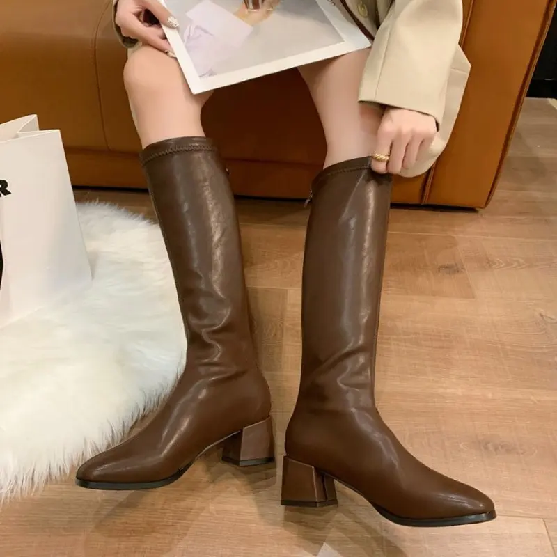 NEW Women Warm Long Boots Woman Knee High Booties Ladies Shoes Platform Thick Heel Leather Soft Zipper Winter Sexy Plus Size 42