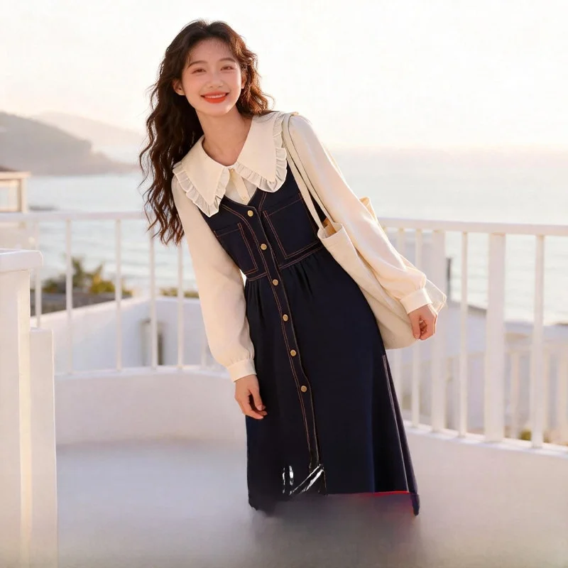 

Spring New plus Size Dress Cute Doll Collar Splicing Style French Style Polyester Fiber Casual Long Sleeve Overhead Skirt