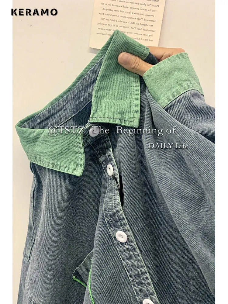 2023 Autumn Women Korean Fashion Loose Denim Shirt Spliced Denim Jackets Harajuku Oversize Casual Jean Coats Tops Female Y2K