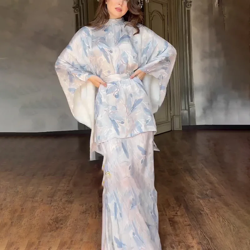 แฟชั่นเอวสูงพิมพ์ชุด Maxi สําหรับผู้หญิงแขนยาว Gowns 2 ชิ้นชุดมุสลิม Casual หลวมดอกไม้ Abayas