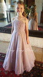 Dusty Pink Lace Flower Girl Dresses For Wedding  Halter Backless Organza Floor Length Girls Pageant Gowns Kids Formal Pa