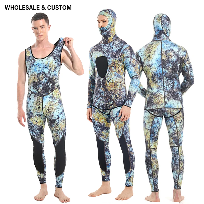 Customized or Wholesale Wetsuit Men Neoprene Hooded Warm Camouflage Split Hunting Fish Hunting Scuba Snorkeling Surfing Swimsuit