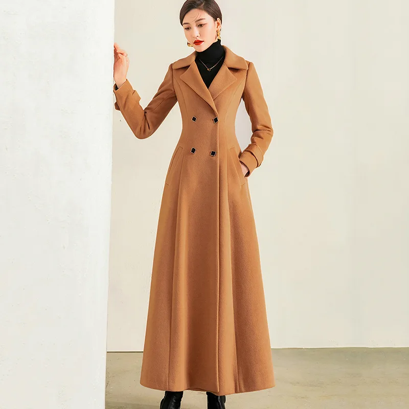 Pop Women Long Wool Coat Autumn Winter Nice Elegant Fashion Suit Collar Double Breasted Basic Slim X-Long Woolen Overcoat