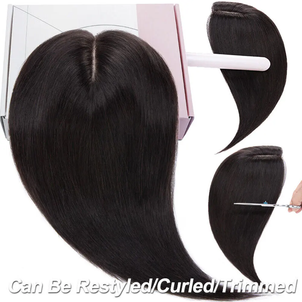 Maxine-Toppers de cabello humano con flequillo para mujer, Clip de Base de seda en tupé, pieza de cabello para pérdida de cabello, Topper de cabello