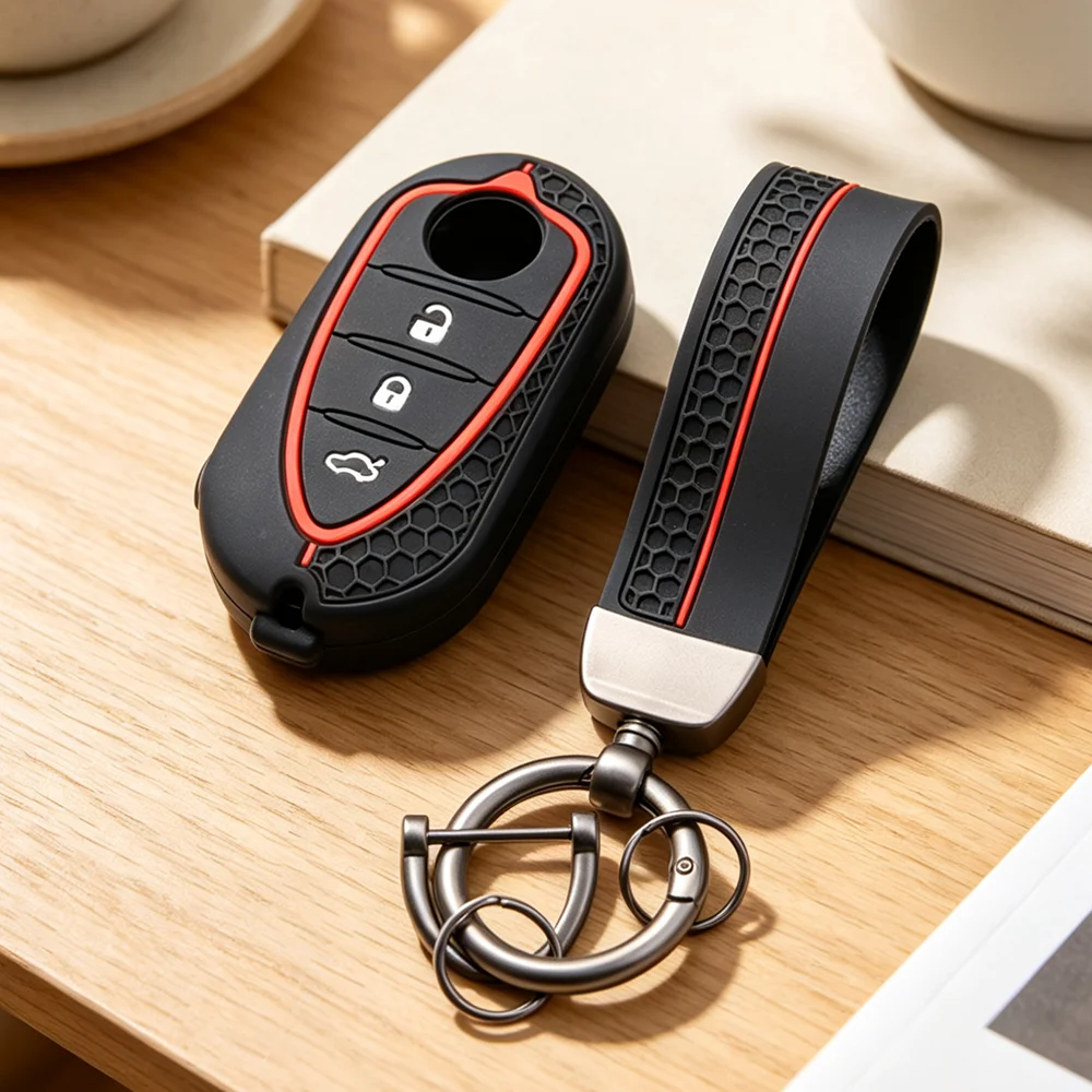 Honeycomb Non‑Slip Silicone Key Cover With Keychain for Alfa Romeo Mito Giulietta 159 4C GTA 3‑Button Flip Remote Fob Protector