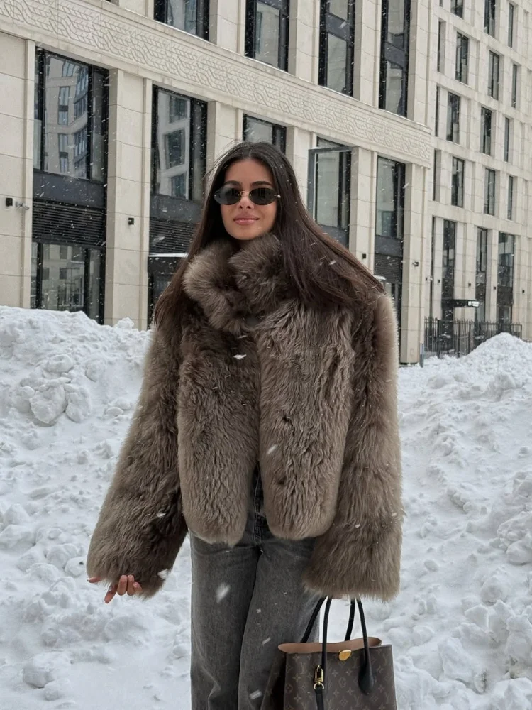 Women Warm Faux Fur Coats Fashion Browns Long Sleeve Stand Collar Short Jackets 2025 Lady High Street Commute Outerwear
