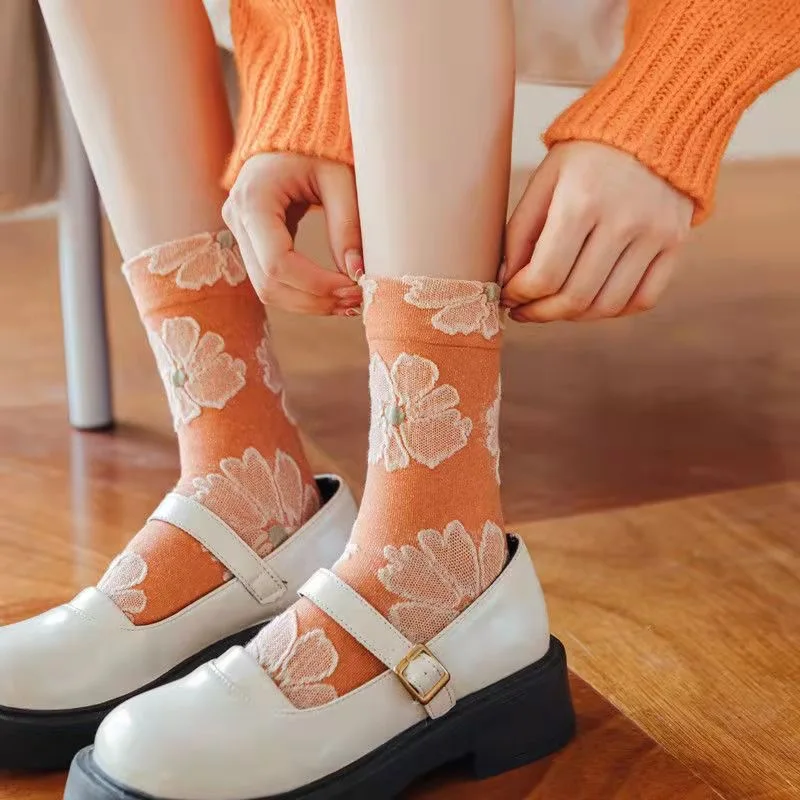 1Pair Fashion Korea Harajuku Woman Floral Orange Socks Vintage Jacquard Ethnic Cotton Casual Cute Girls Dress Brown Sox Spring