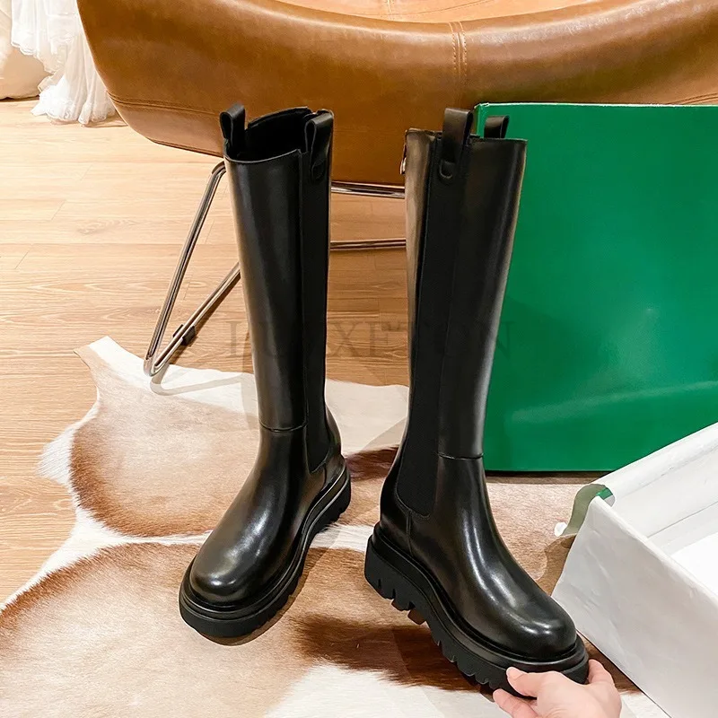 Genuine Leather Knee Length Boots Women Back Zipper Round Toe Thick Sole Increased Height Boots with Added Plush for Warmth