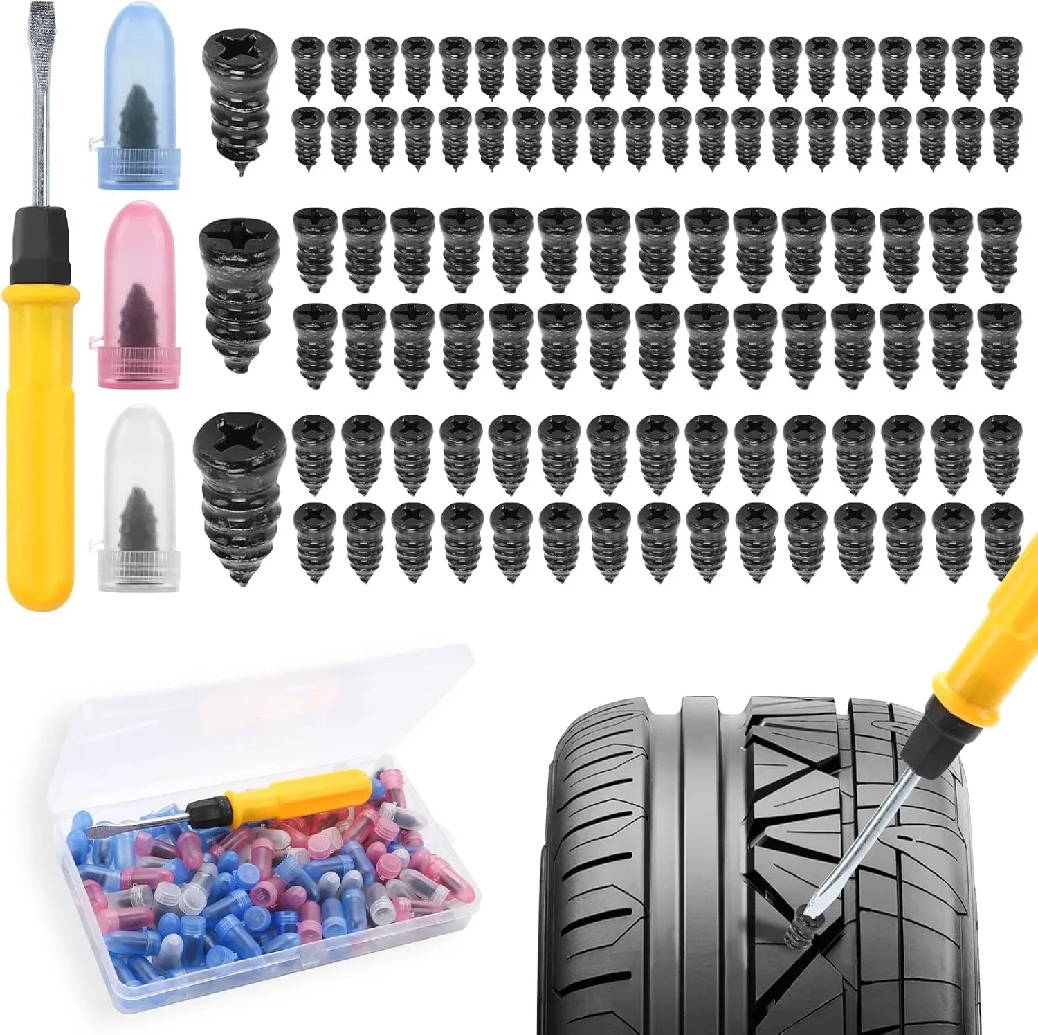 

60/100pcs Rubber Nail for Tires, Motorcycle Puncture Repair Kit with Screwdriver Vacuum Tire Rubber Nails Tire Repair Tools