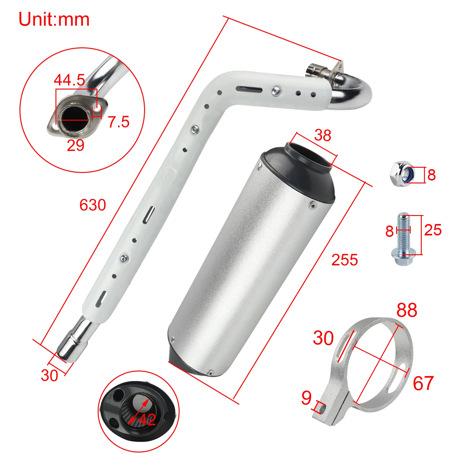 Motorcycle Exhaust Muffler Pipe 28mm for 125cc 140cc 150cc 160cc Dirt Bike ATV Quad 4 Wheeler Pit Bike Exhaust