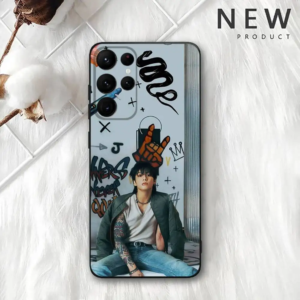 حافظة هاتف كوريا J-Jung-kook Kpop لهاتف سامسونج S 25,24,23,22,30,21,10,9,Ultra,Plus,Lite,FE,4,5G حافظة ناعمة سوداء