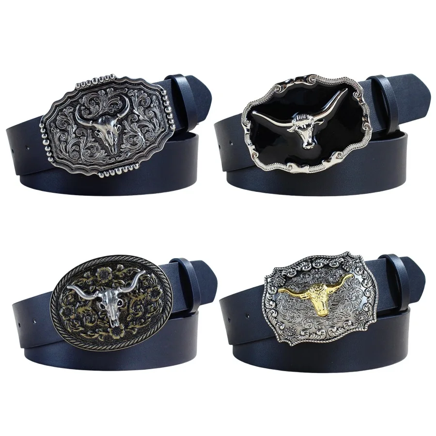 Western Cowboy PU Belt - Men's and Women's Belt Bull Decorative Flower Carving Jeans