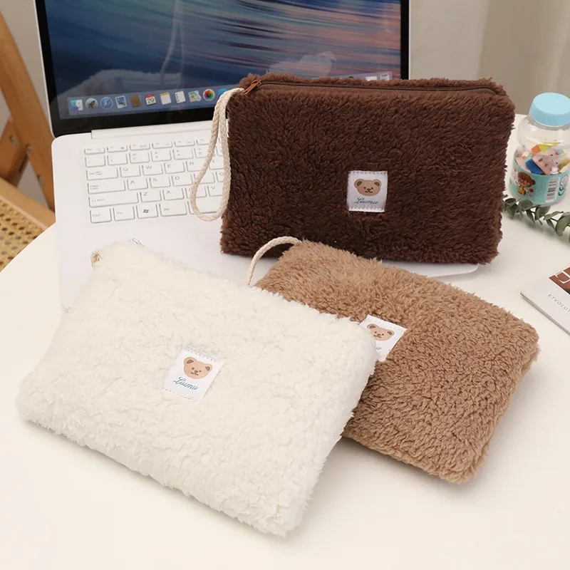 

2PCS Plush Cosmetics Storage Bag Large Capacity Cute Teddy Bear Icon Travel Grooming Bag Student Stationery Storage Bag