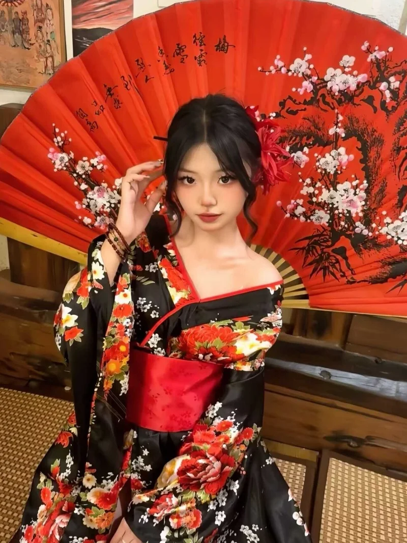 Dark Vintage Kimono Photography Dark Long Skirt Improved Version Wind Kimono Photo Shoot Traditional Japanese Costume Women