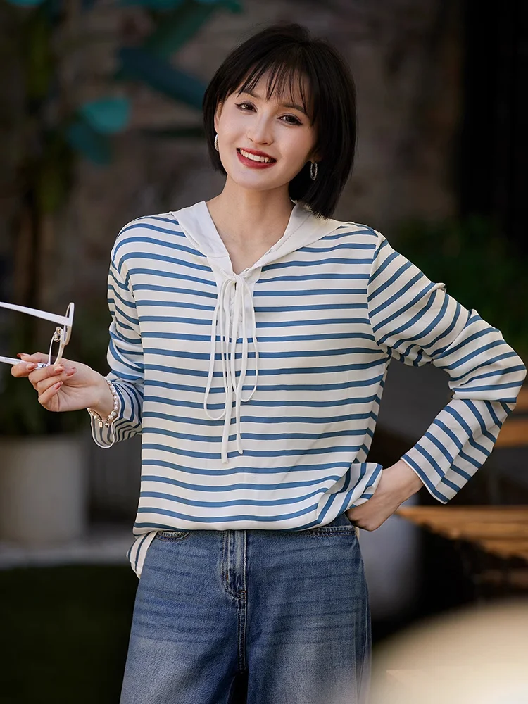 

Fall 2026 Hooded T-irt Long Sve Pure Cotton Oversized Striped Pullover Korean Sle Commute Wind Women's Faion Top