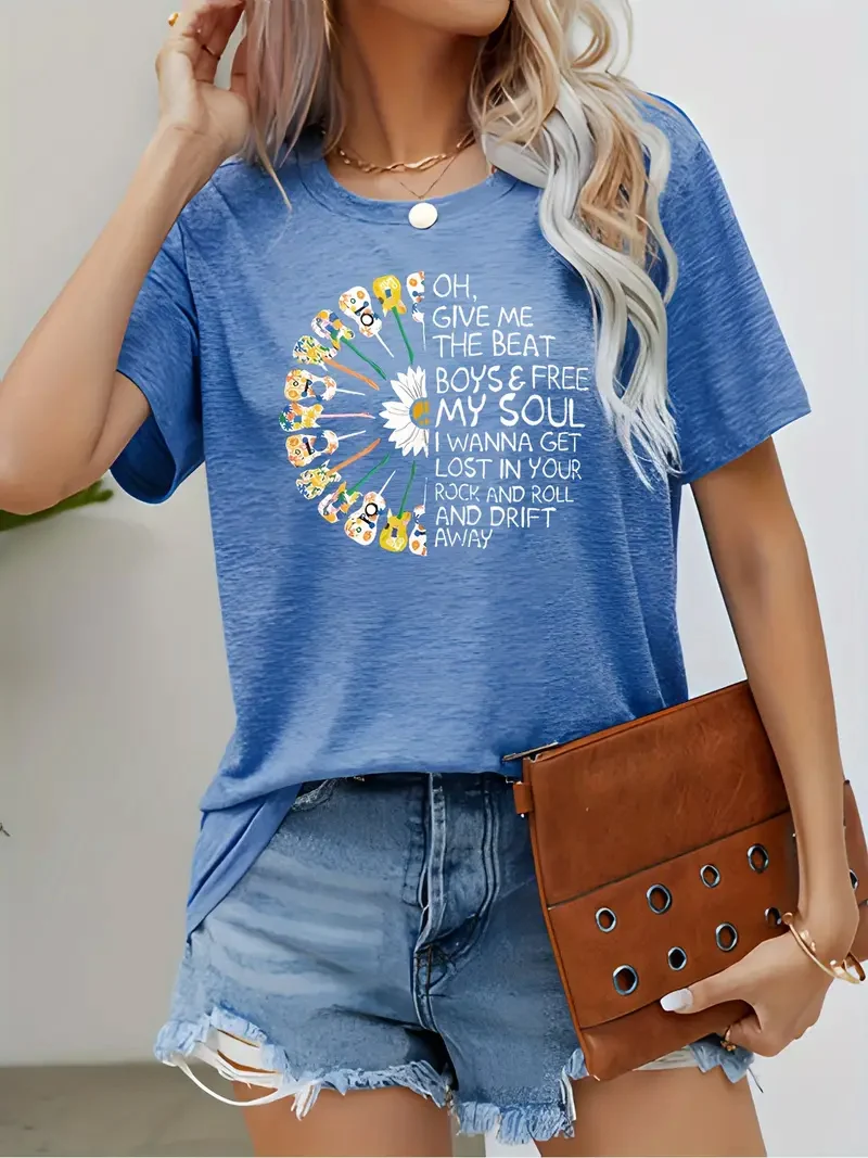 Pop women's casual music print crew neck T-shirt, outdoor women's clothing short sleeve top 2024 summer women