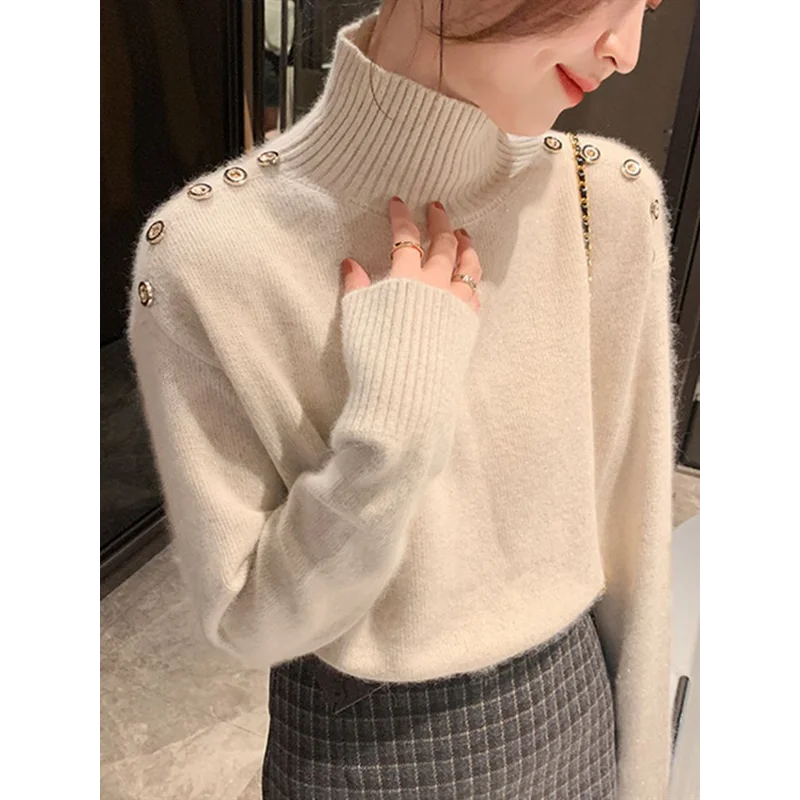 All-match Solid Color Pullover Long Sleeve Women\'s Clothing Autumn Winter High-neck Screw Thread Sweater Knitted Elegant Tops