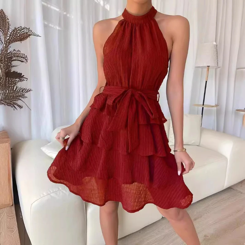 

2024New Elegant Fashion Halter Neck Layered Ruffles Mini Dress Summer Women Sleeveless High Waist Elastic Tie Up Waist Dress Ins