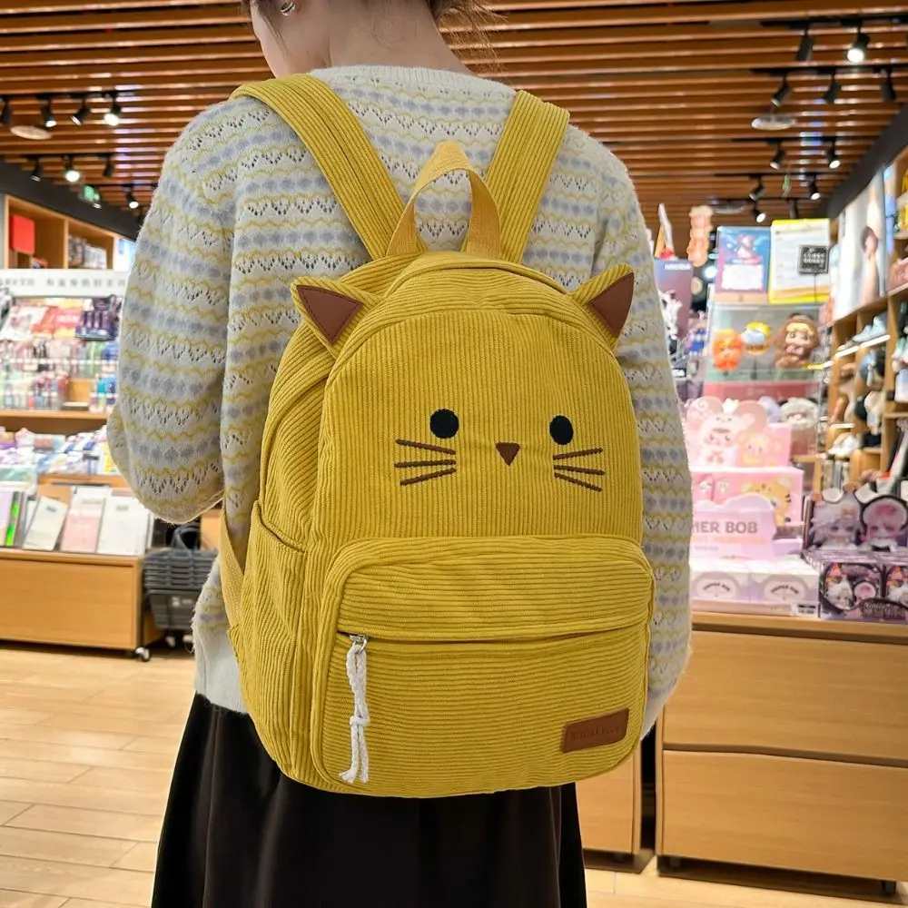 Fashion Sweet Cartoon Cat Backpack Minimalist Printed Corduroy Rucksack Multiple Pockets Lightweight Student School Bag Commute