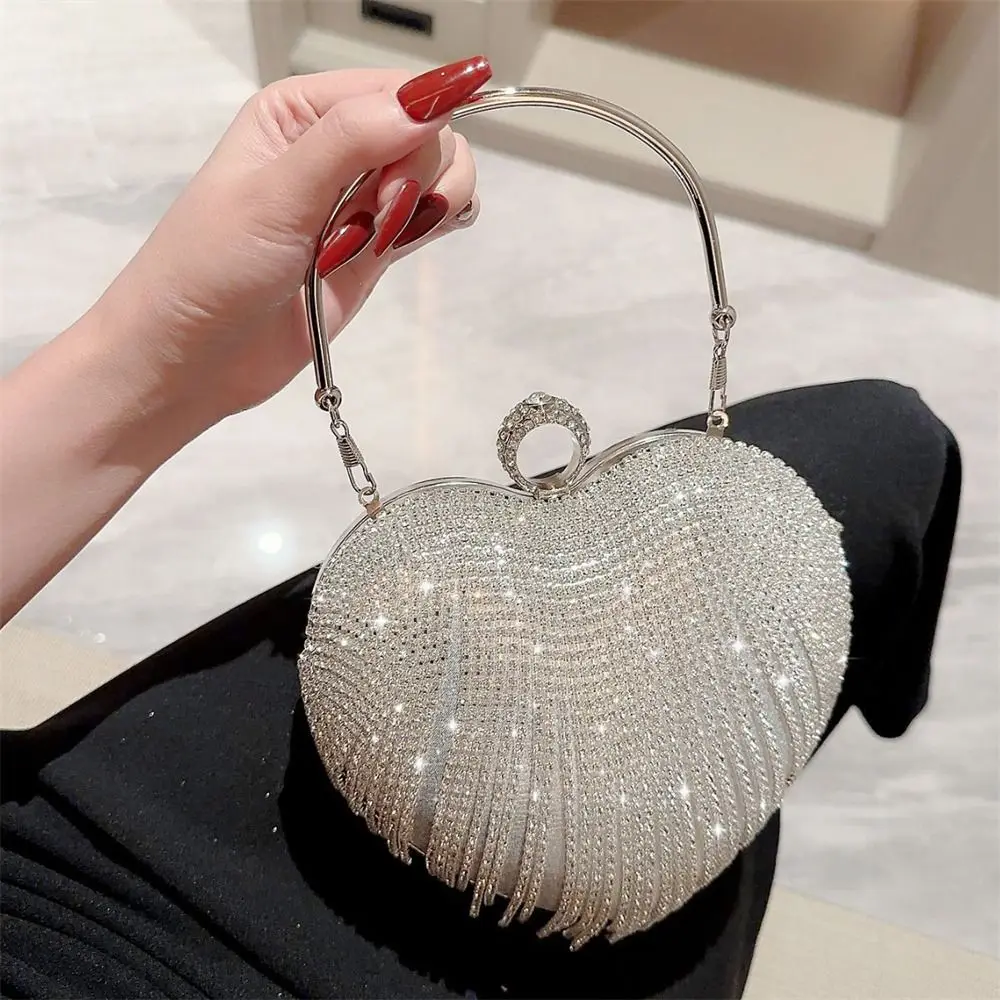 

Elegant Heart-shaped Evening Bag Tassel Rhinestone Decorative Dinner Bag Chain Shoulder Bags Women Female