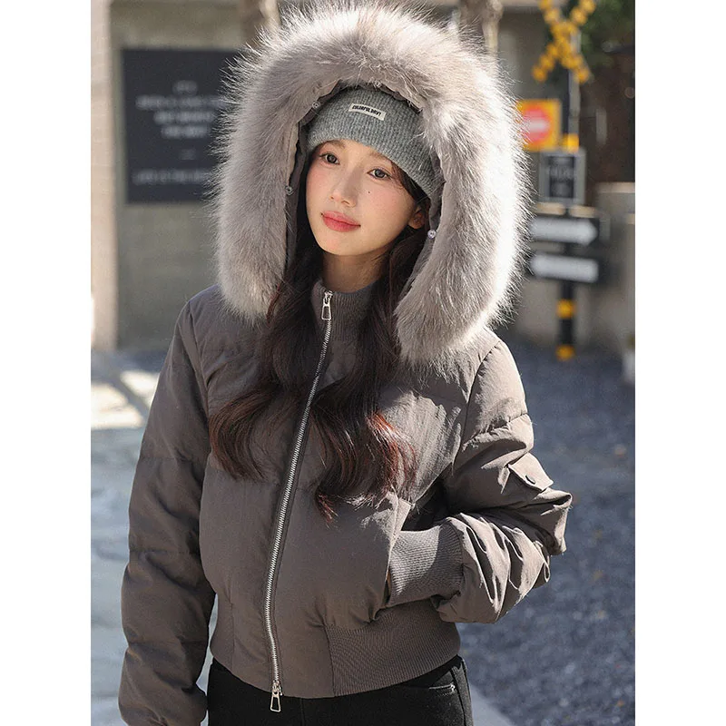 Women Hooded Puffer Coat Short Utility Quilted Padded Jacket Faux Fur Long Sleeve Thermal Insulated Windproof Winter Outerwear