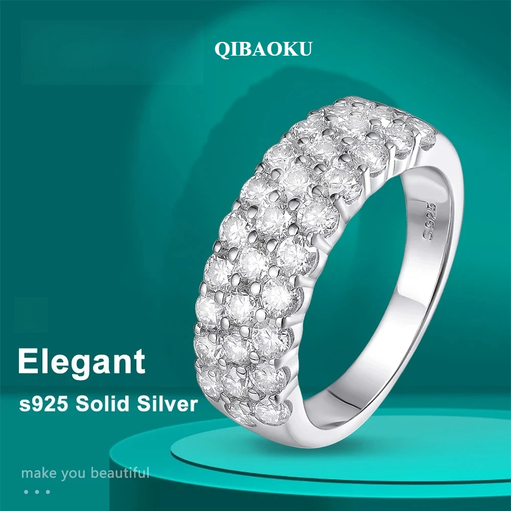 QIBAOKU D VVS1 Moissanite Rings for Women Solid S925 Sterling Silver Plated 18k White Gold 3-Row Half Anniversary Band 2026