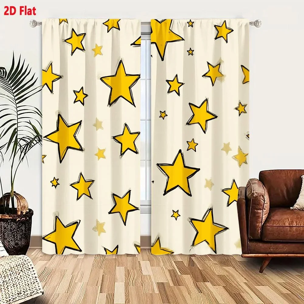 Yellow Star Pattern Curtain Panels for Living Room Bedroom Home Decor Light Filtering Curtains