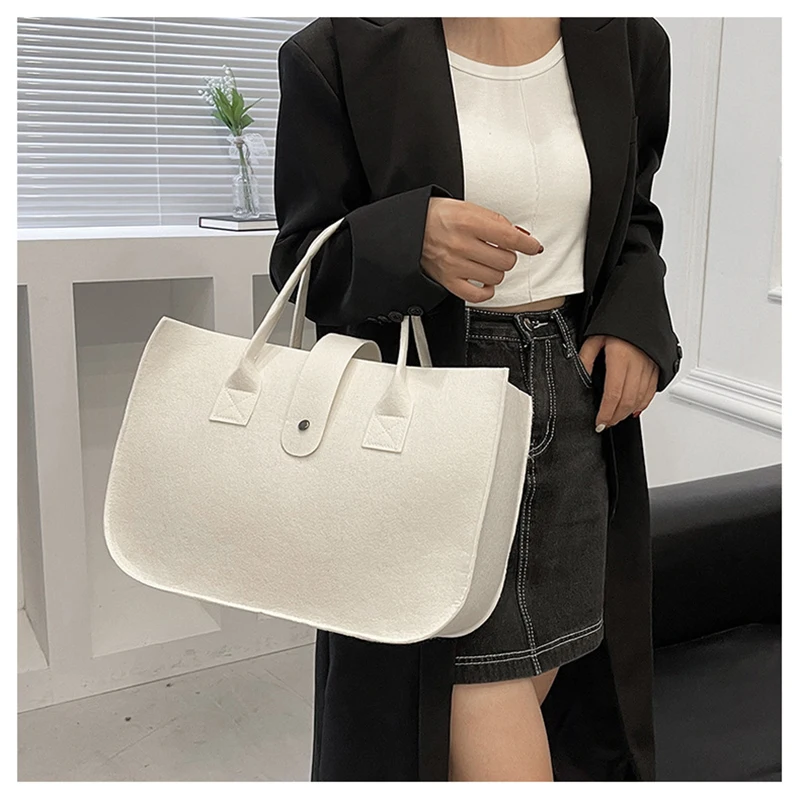 Large Capacity Tote Bag Women's Handbag Korean Retro Solid Color Square Felt Handle Bag Females Shopping Bag Messenger Tote