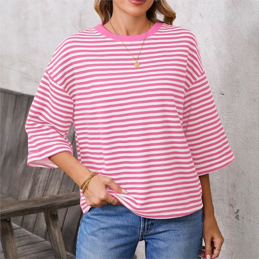 Women's Fashion O Neck Striped Back Tie Bow Short-sleeved T Shirt Top Summer New Casual Loose Knitted Pullover Female Top 2026